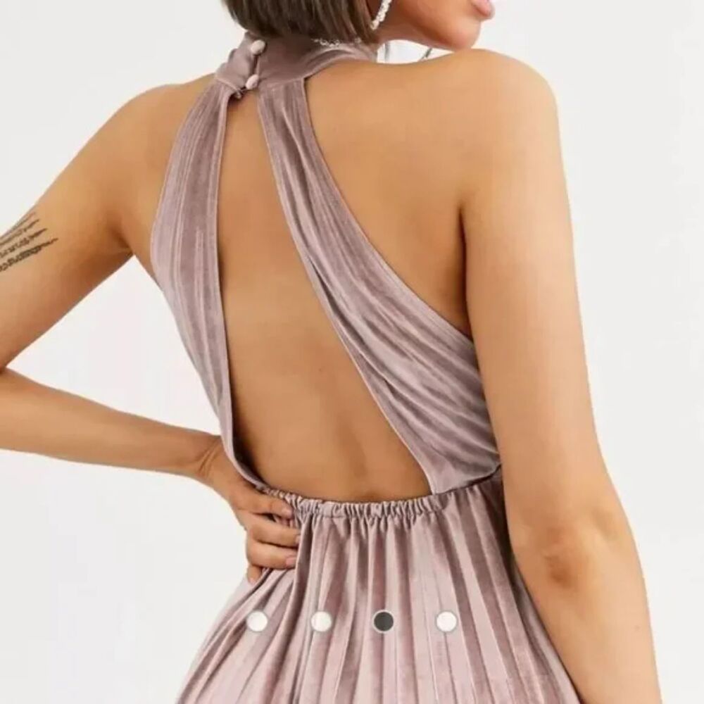 ASOS High Neck Pleated Champaign Pink Formal Maxi Dress Velvet Size 8 Chic Glam - Picture 4 of 16